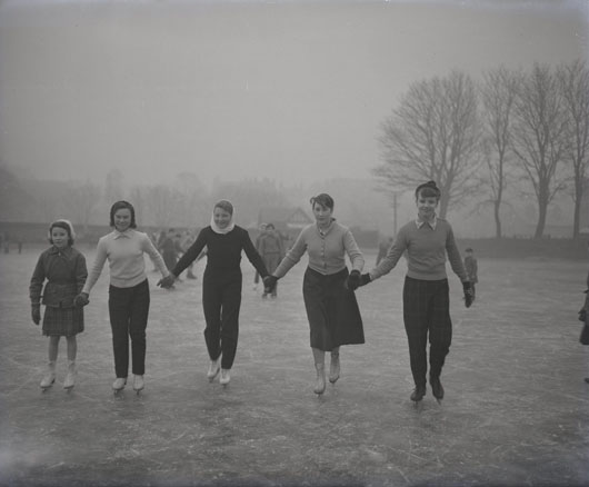 Youngsters taking to the ice at Kinnessburn, January 1955