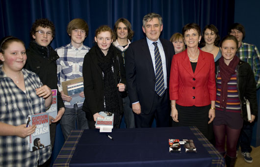 Gordon Brown with Louise Richardson and school children