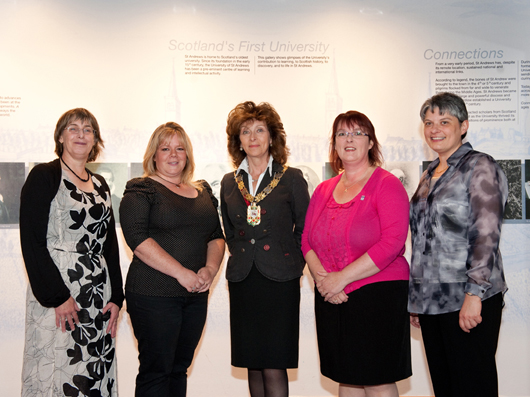 Photo: from right to left: Dr Laurence Lasselle, Pro Dean of Arts; Lynn Robertson (Evening Degree 100th Graduate); Councillor Frances Melville, Provost of Fife Council; Claire Gorgon, Evening Degree Student of the Year 2010-11; Nicky Haxell, Evening Degree Co-ordinator. Photo courtesy of Dawn White Photography, Newport-on-Tay 