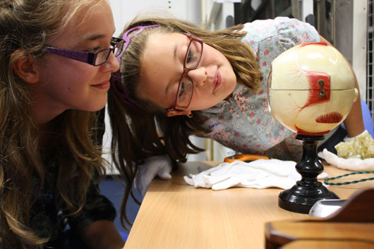 Two participants at an event in the MUSA Collections Centre looking at a model eye from the Historic Scientific Instruments Collection.
