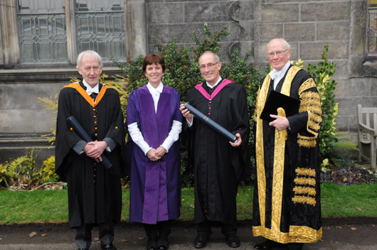 L-R: Professor Myles Burnyeat (Honorary Degree of Doctor of Letters), Principal and Vice-Chancellor Professor Louise Richardson, Professor Iain D Campbell (Honorary Degree of Doctor of Science) and Chancellor Sir Menzies Campbell.