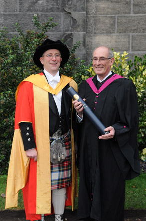 L-R Professor Jim Naismith, of the School of Chemistry with Professor Iain D Campbell who was made honorary Doctor of Science (DSc). Professor Campbell described St Andrews as: “a serene place with a long history and high academic standard - a place where one meets friends and partners for life.” He said he was honoured and humbled by the award.