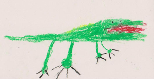 Drawing of a green dragon with red flames coming out of its mouth