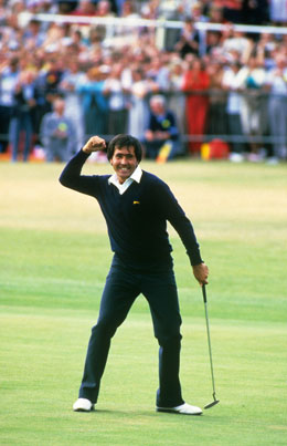 Seve Ballesteros celebrates his victory on the 18th green at the 1984 Open Championship in St Andrews. (“Photograph © Lawrence Levy Photographic Collection. All rights reserved. Image courtesy of the Joseph Levy Foundation and University of St Andrews Library, [image reference no. SB0001].”)