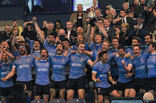 A team celebration after the St Andrews rugby team beats Edinburgh at the annual varsity match. 