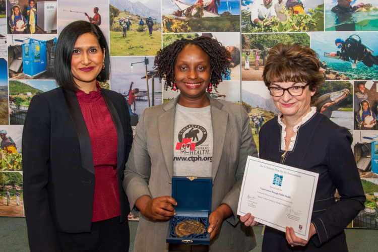 2020 Prize Winner Dr Gladys Kalema-Zikusoka from CTPH (centre) with Dr Hayaatun Sillem, Chair of the St Andrews Prize for the Environment Trustees (left) and Professor Sally Mapstone, Principal and Vice-Chancellor, University of St Andrews 