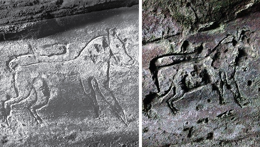 Carving of a bull-like animal in Wemyss caves in 1900 compared with today