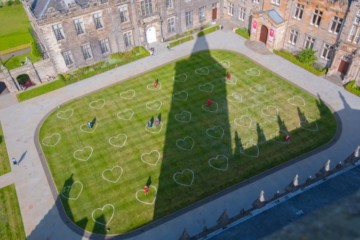 Aerial view of the 35 giant hearts on the lawn of St Salvators Quad