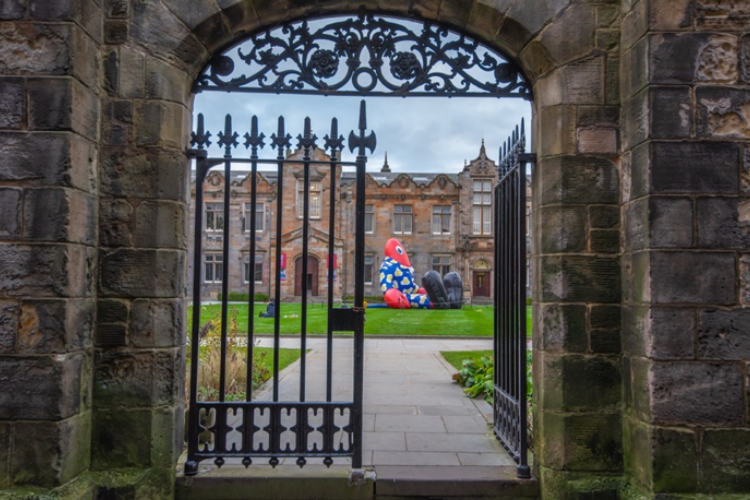Side gate of St Salvator Quad looking through to the giant inflatable lobster