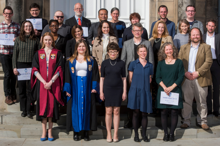 Winners from the teaching awards gather on the steps of Lower College Hall