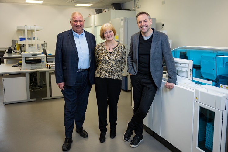 University Quaestor and Factor Derek Watson MBE, SBS Head of Laboratory Sciences Dr Alison Green and Professor Craig Ritchie, SBS founder and CEO