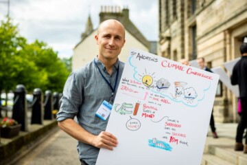 man smiling at camera holding poster with climate issues