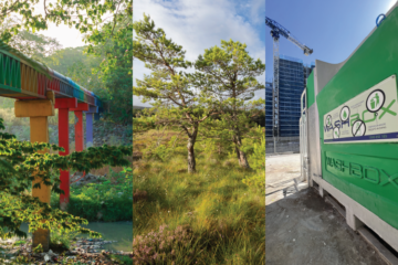 Image shows clips of restoration project, example of biodiversity and washbox unit on construction site