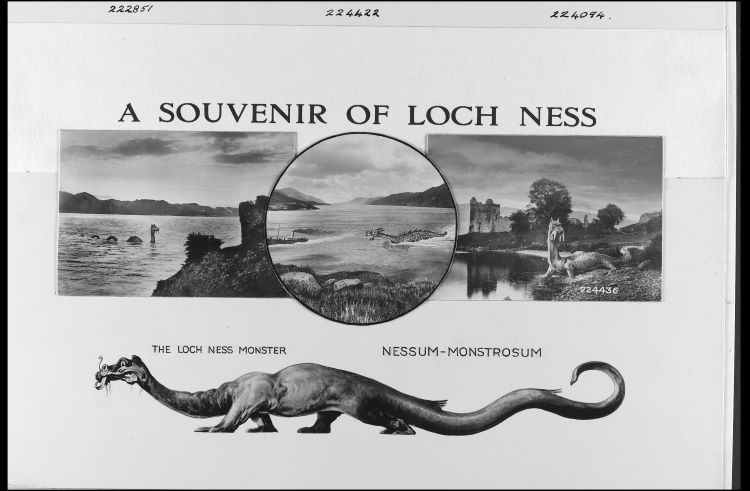 Black and white vintage postcard containing images of Loch Ness and the Loch Ness monster