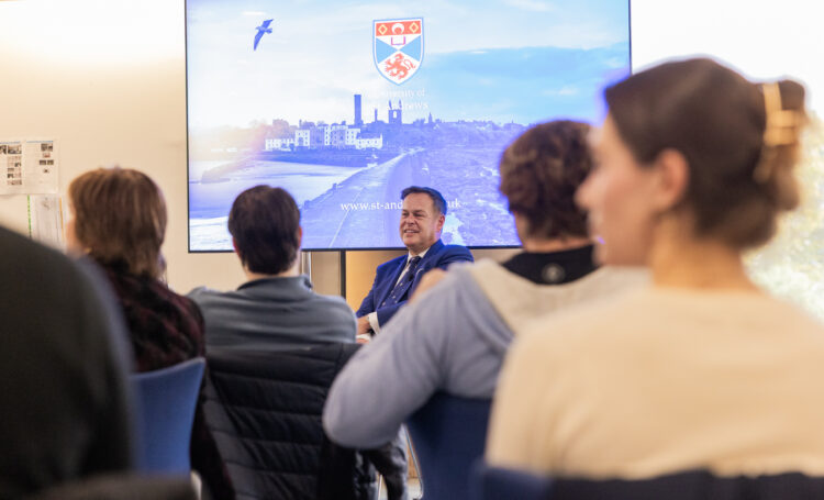 Peter Jones CBE speaking with students at the University of St Andrews Business School event in partnership with The Alfred Dunhill Links Trust