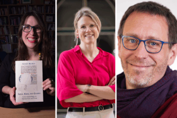 A composite image of three smiling academics