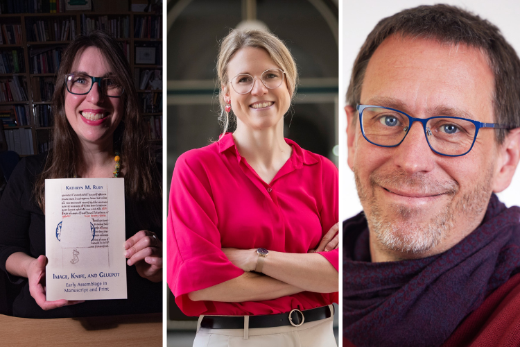 A composite image of three smiling academics 