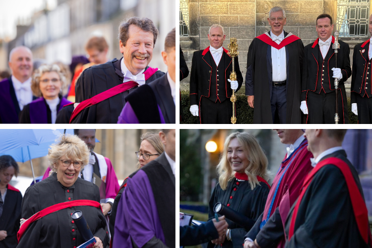 a composite of four honorands at winter graduation