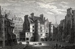 Edinburgh Tolbooth - Engraving taken from J. Grant, Old and New Edinburgh, vol.1, (1882). The tolbooth was originally the medieval administrative centre for the city of Edinburgh. 